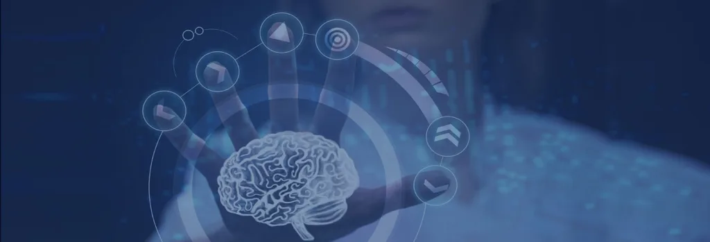 A person touches a transparent screen displaying a digital brain illustration and circular icons, symbolizing technology, artificial intelligence, or innovation.